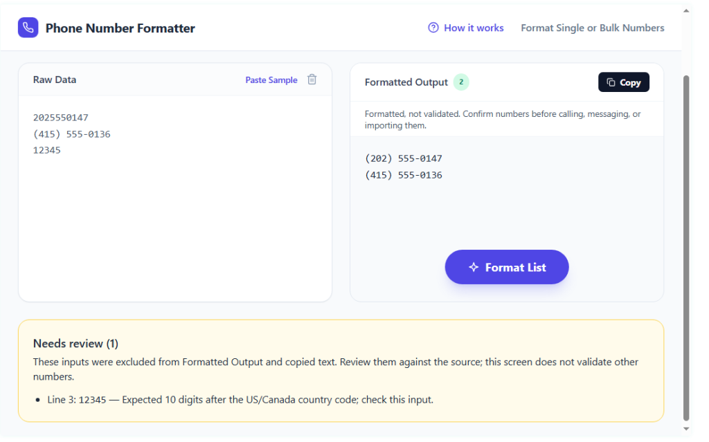 Phone Number Formatter showing two formatted numbers and an incomplete input in Needs review