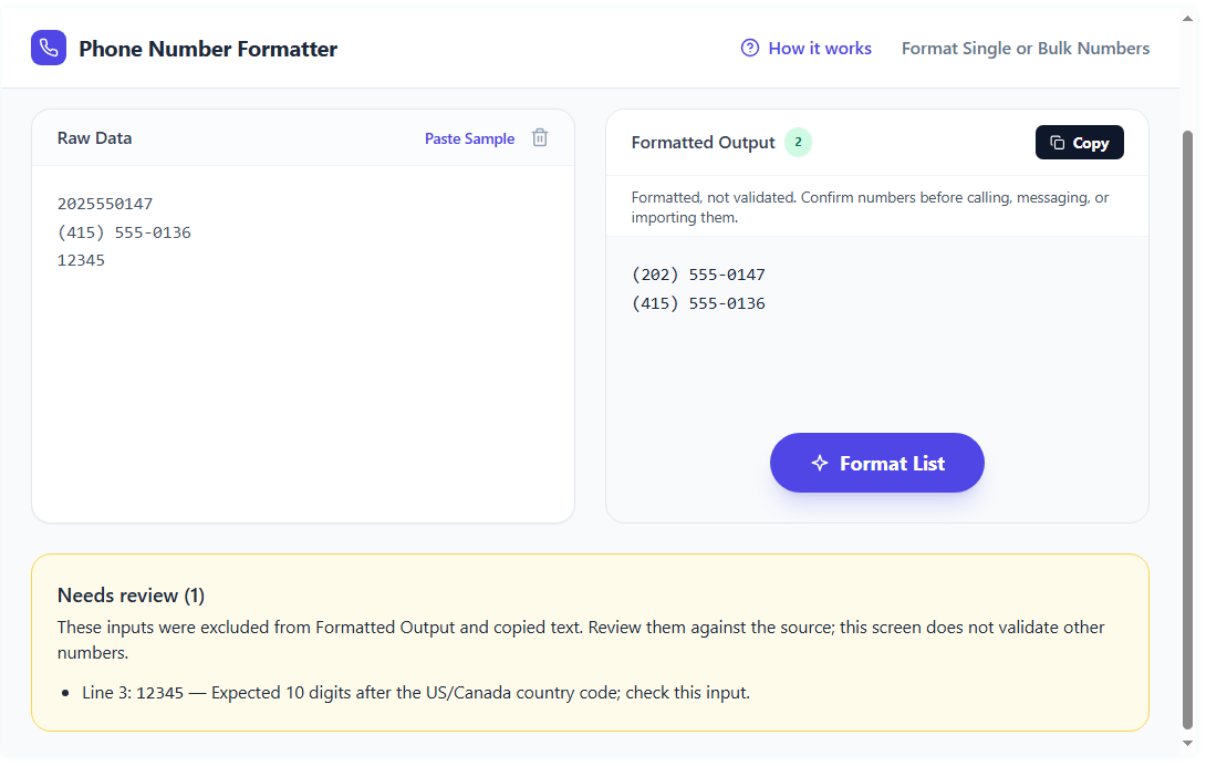 Phone Number Editor Feature Image Phone Number Formatter showing two formatted numbers and an incomplete input in Needs review